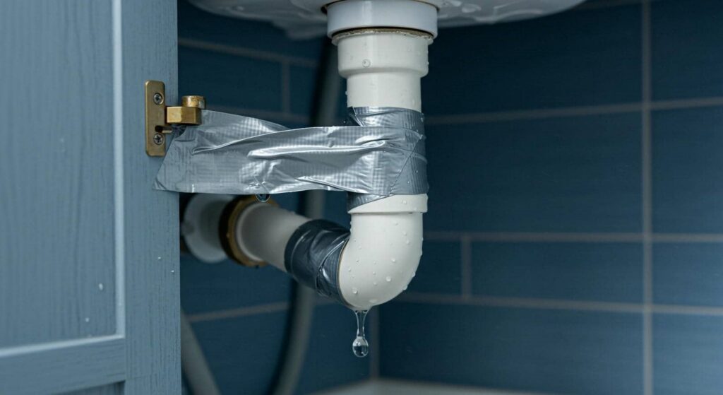 Leaking white pipe under sink secured with duct tape, water dripping from the joint.