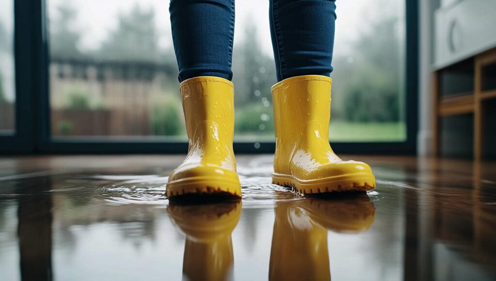 Person wearing yellow rain boots standing in a puddle on a wooden floor indoors.