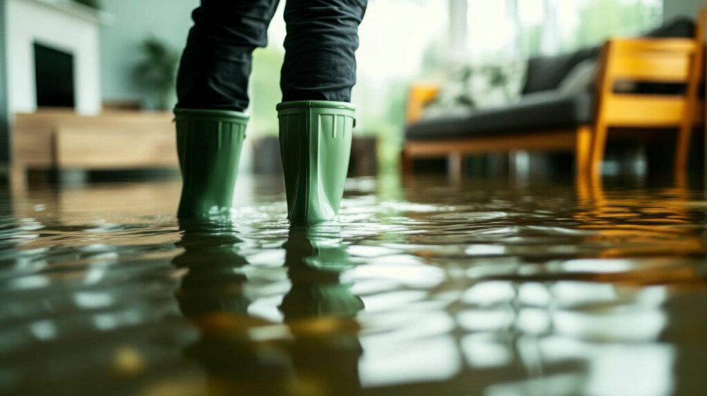 Person wearing green rain boots standing in a flooded living room with water covering the floor.