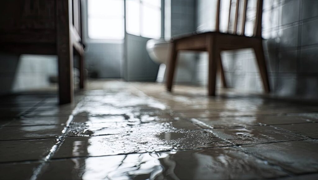 Wet tiled floor with water puddles in a bathroom, showing blurred wooden chair legs and a toilet.