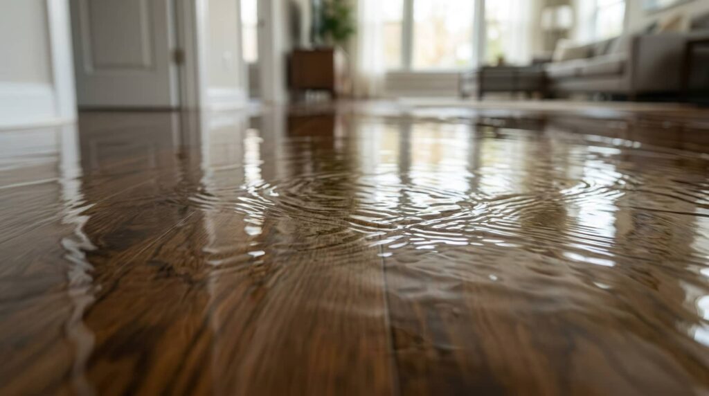 Water flooding a wooden floor inside a living room with furniture in the background.