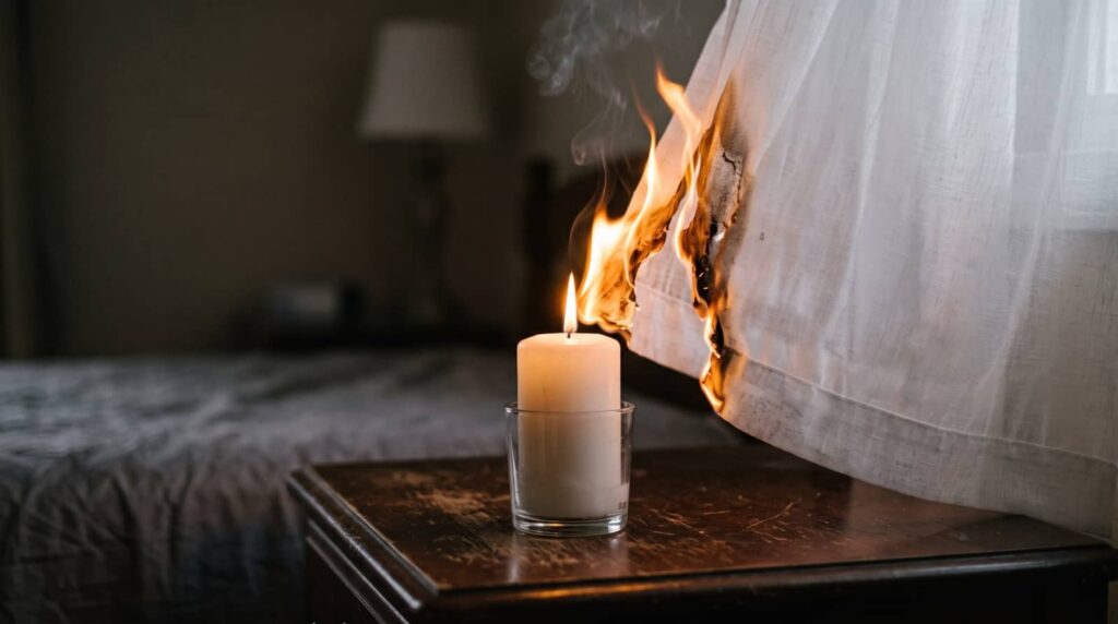 A lit candle on a table causing a curtain to catch fire.