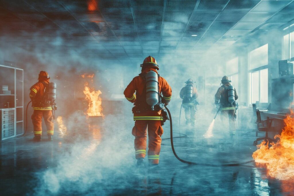 Four firefighters in orange suits and helmets extinguish fires inside a smoke-filled room.