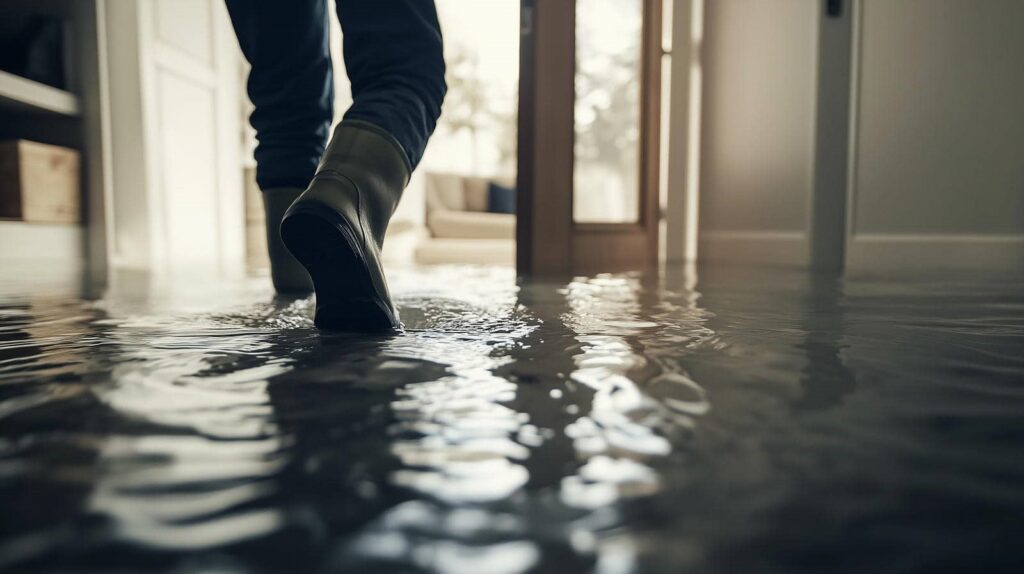 Person wearing boots walking through a flooded indoor area with water covering the floor.