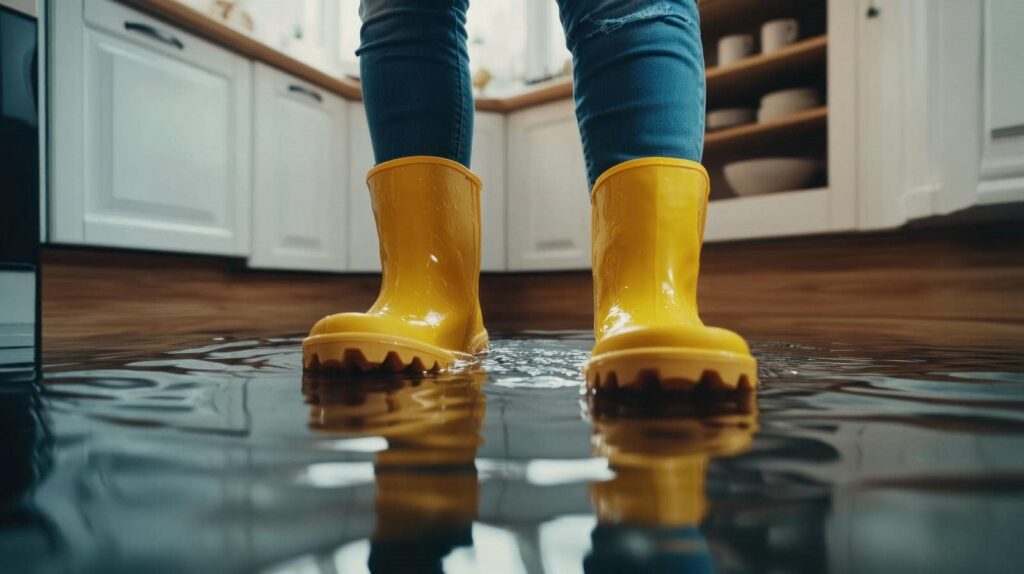Person wearing yellow rain boots standing in a flooded kitchen with water on the floor.