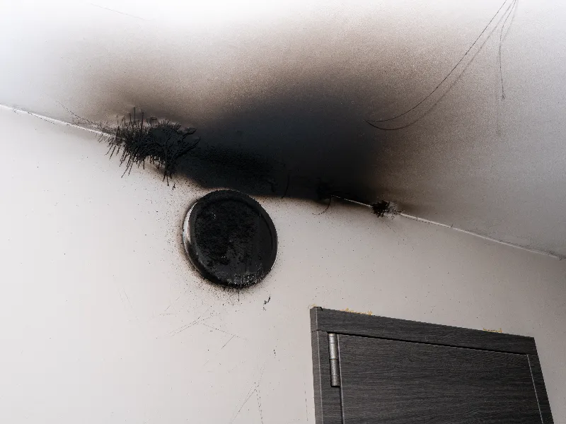 Black soot and burn marks around a circular vent on a white wall near a ceiling corner above a door.