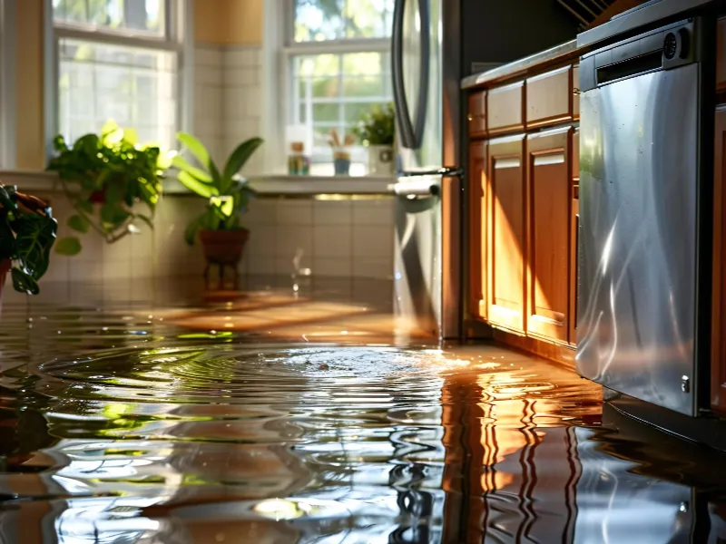 Kitchen floor flooded with water reflecting cabinets and appliances.