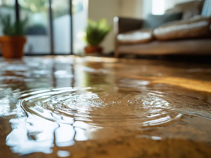 Water pooling and rippling on a wooden floor inside a living room with a sofa and plants.