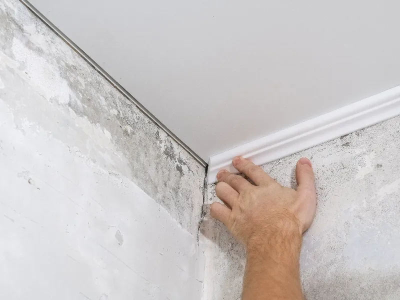 Hand installing white crown molding on a ceiling corner with a rough, unfinished wall.