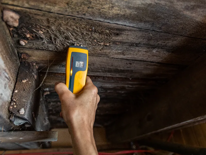 Hand holding a moisture meter measuring dampness on wooden beams.