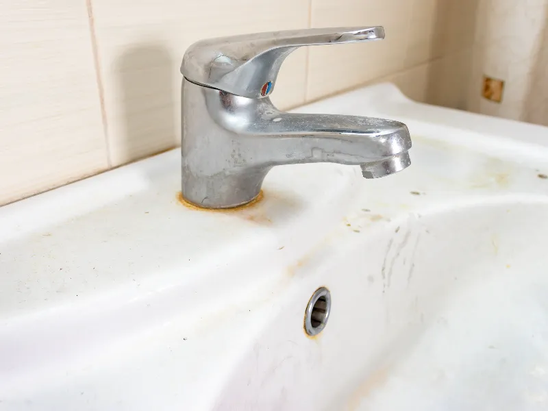 Rusty metal faucet on a stained white sink basin.