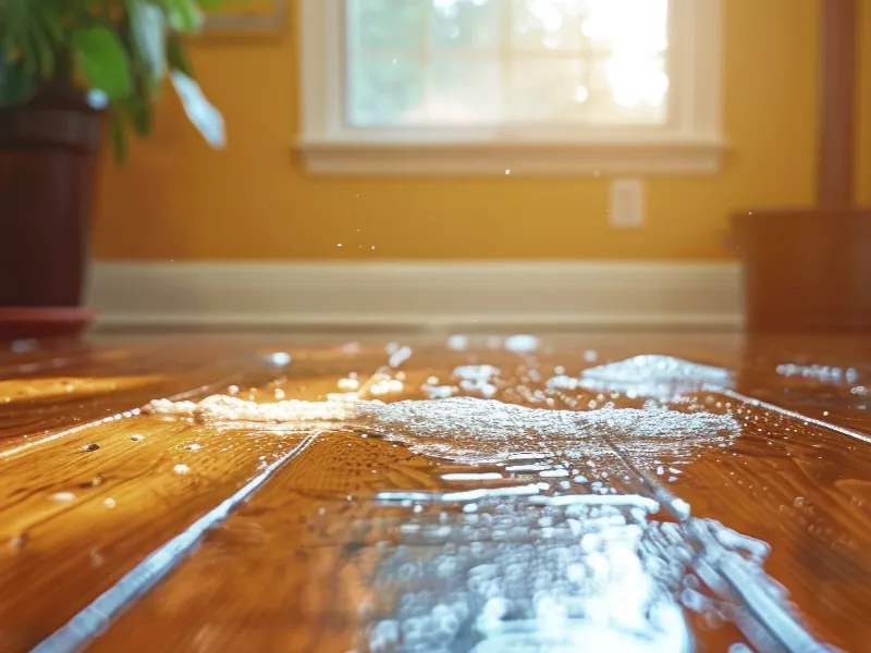 Water spilled on a wooden floor inside a room with a window and plants in the background.