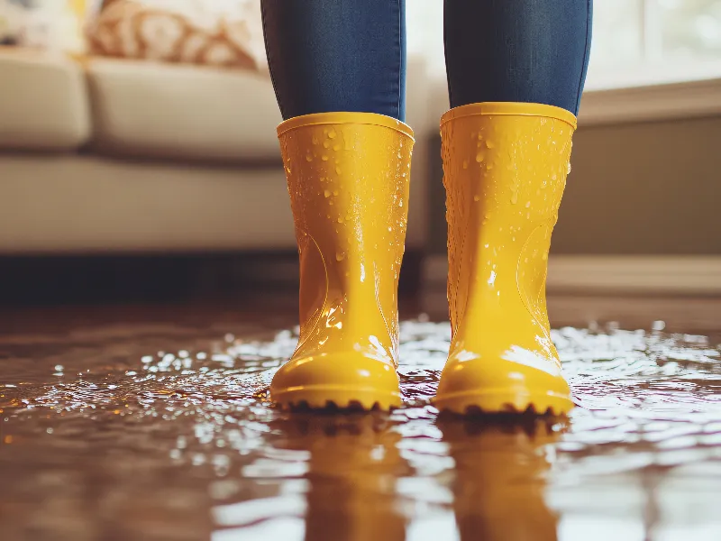 Person wearing yellow rain boots standing in a puddle of water indoors.